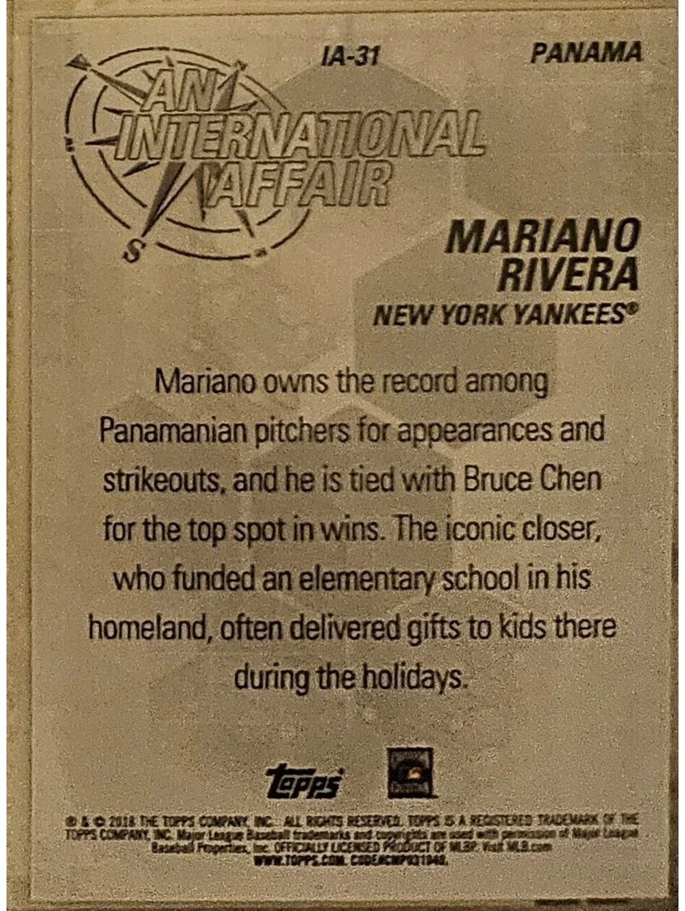 Mariano Rivera 2018 Topps Update An International Affair New York Yankees #IA-31